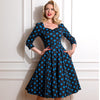 Black And Blue Polka Dot Vintage 50s 3/4 Sleeve Swing Tea Dress
