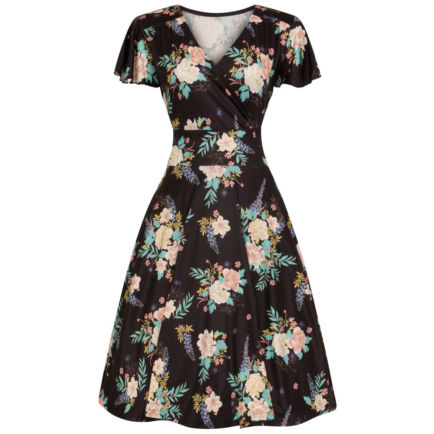 Black Floral Print Cap Sleeve Wrap Top Empire Waist Swing Dress ...