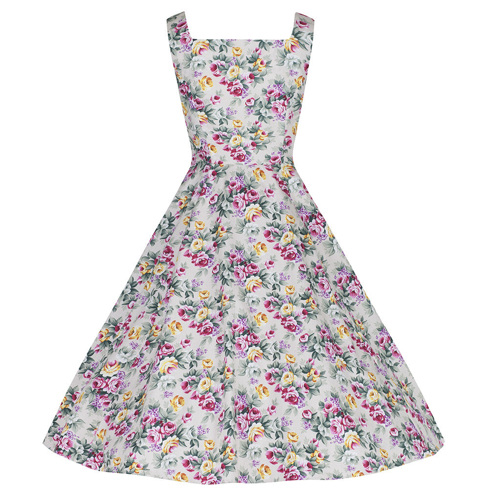 Natural Floral Cotton Sleeveless Rockabilly Dress - Pretty Kitty Fashion