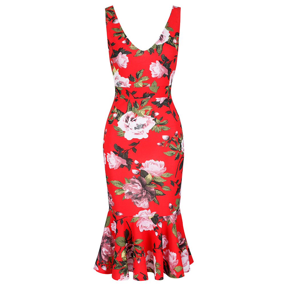 Sunset Red Sleeveless Peplum Hem V Neck Pencil Dress - Pretty Kitty Fashion