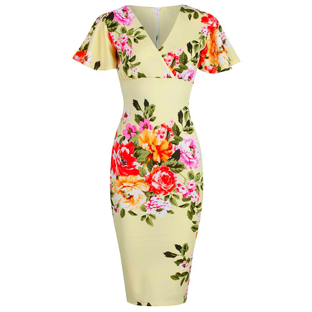 Yellow Floral Half Sleeve Deep V Neck Crossover Top Wiggle Dress ...
