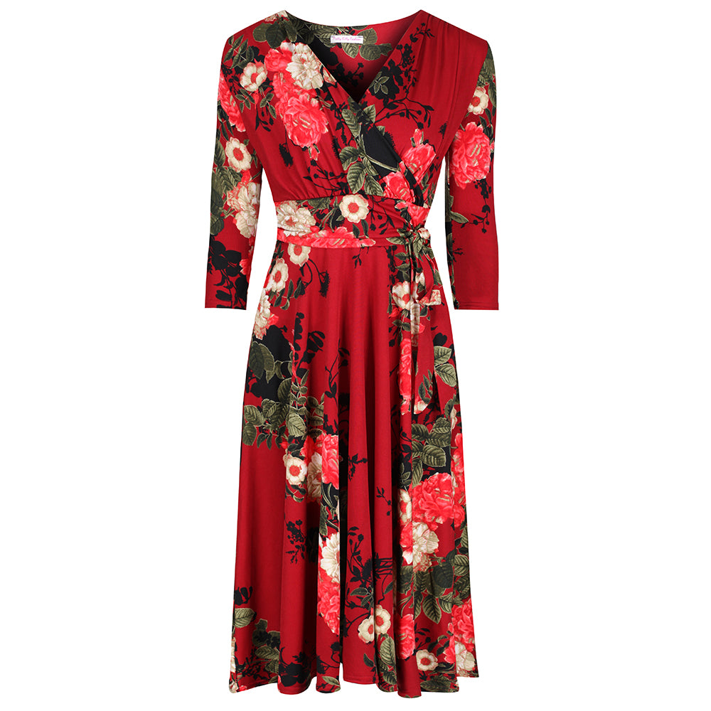 Wine Red Floral 3/4 Sleeve V Neck Crossover Top Empire Waist Swing Dress - Pretty Kitty Fashion