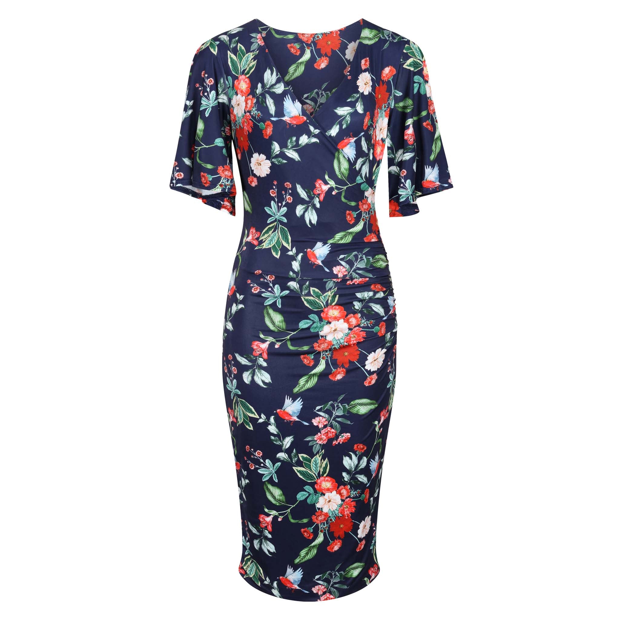 Blue And Red Floral Bird Print Butterfly Sleeve Slinky Pencil Cocktail Dress