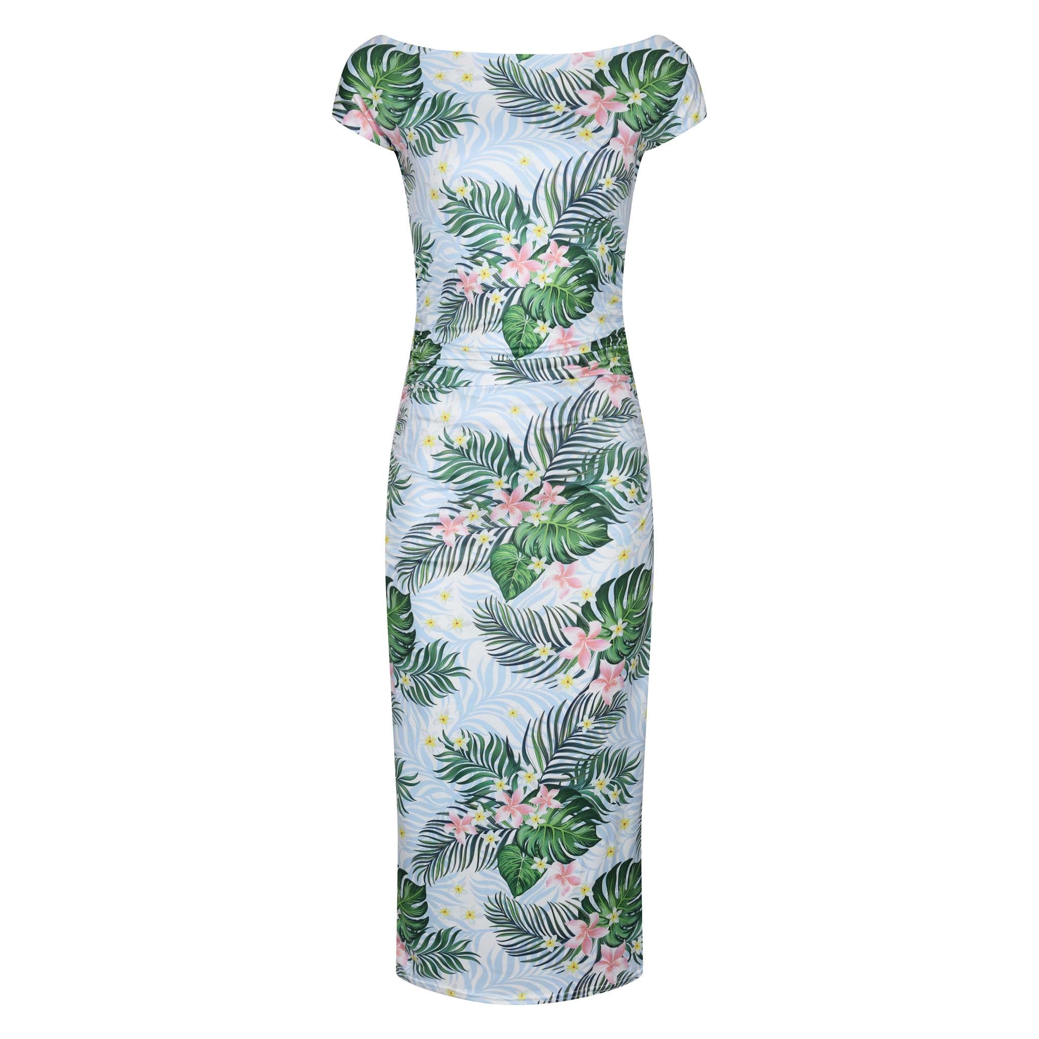 Blue Green Tropical Floral Print 40s Style Cap Sleeve Slinky Pencil Wiggle Dress