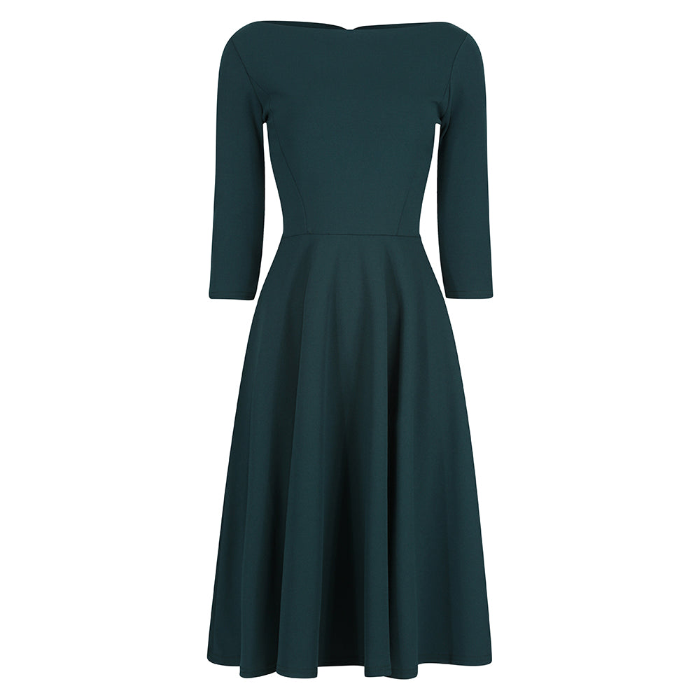 Forest Green Audrey 1950s Style 3/4 Sleeve Swing Dress
