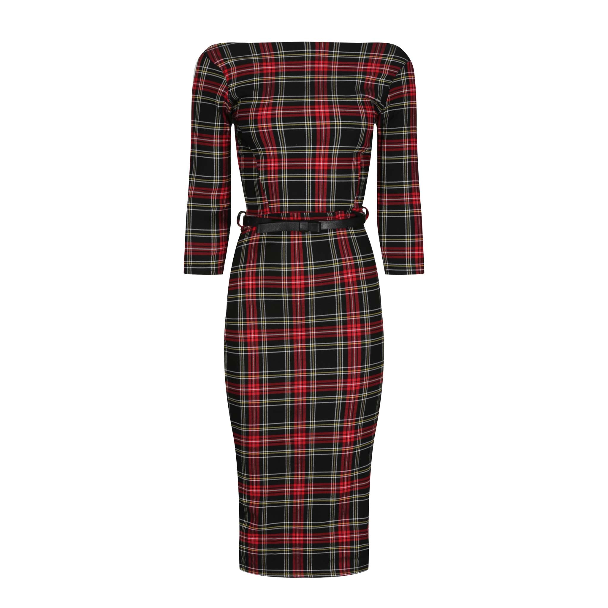 Red And Black Tartan 1/2 Sleeve Belted Bodycon Pencil Dress
