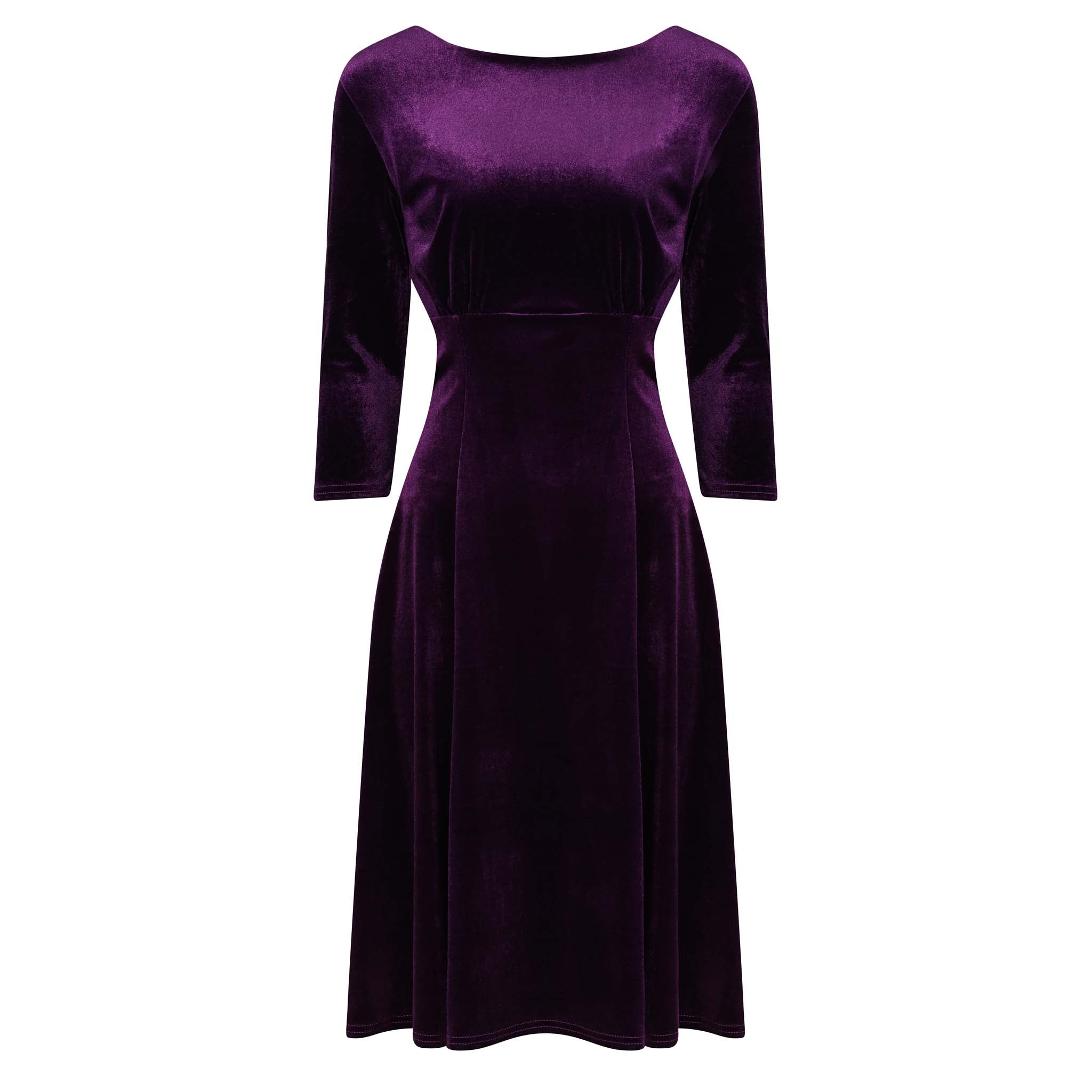 Purple Velour 3/4 Sleeve Vintage Swing Midi Dress