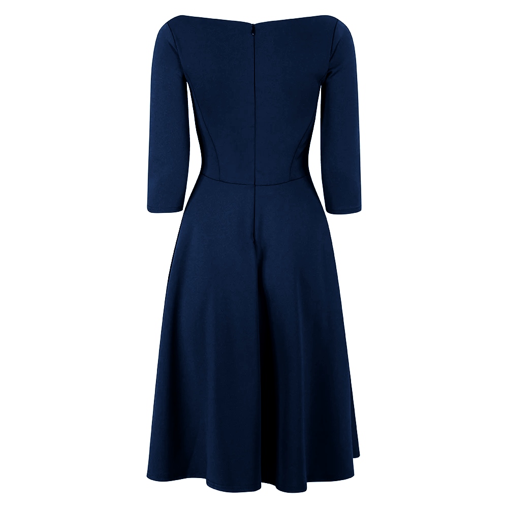Navy Blue Audrey 1950s Style 3/4 Sleeve Swing Dress