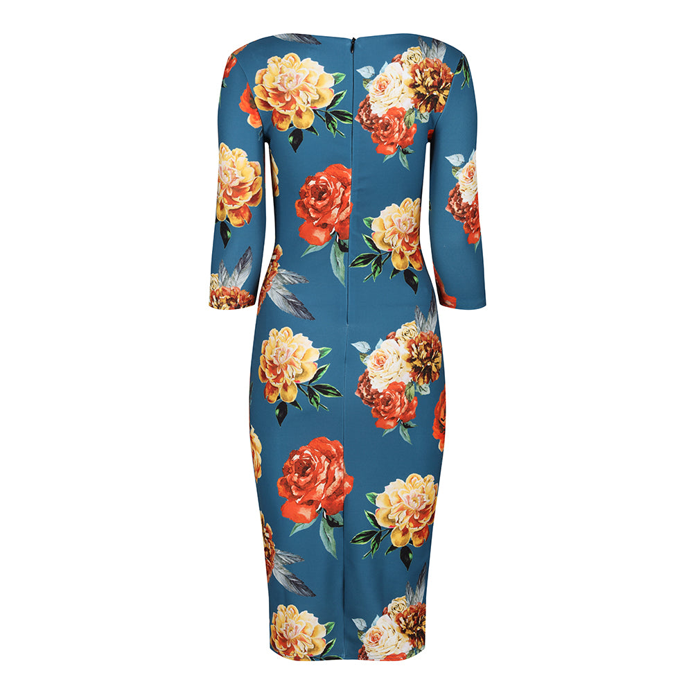 Teal Blue Rose Floral Print 3/4 Sleeve Bodycon Pencil Wiggle Dress