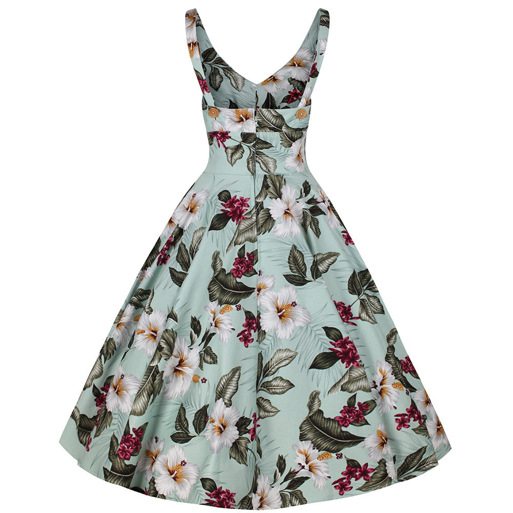 Mint Green Retro Vintage Floral Print Summer 50s Swing Dress - Pretty Kitty Fashion