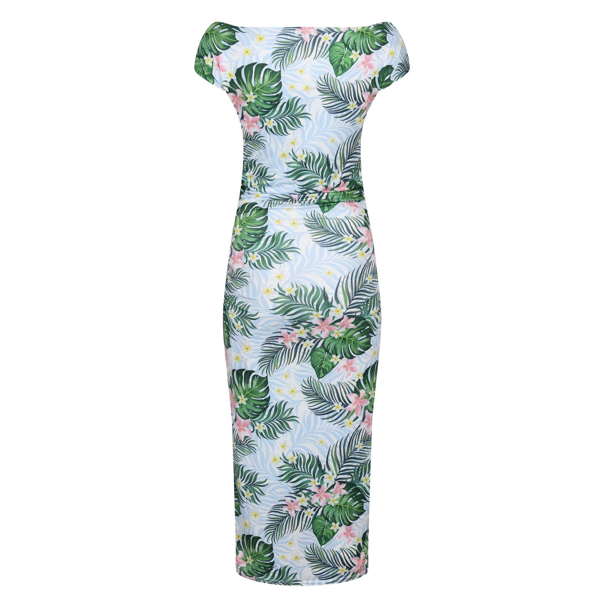 Blue Green Tropical Floral Print 40s Style Cap Sleeve Slinky Pencil Wiggle Dress