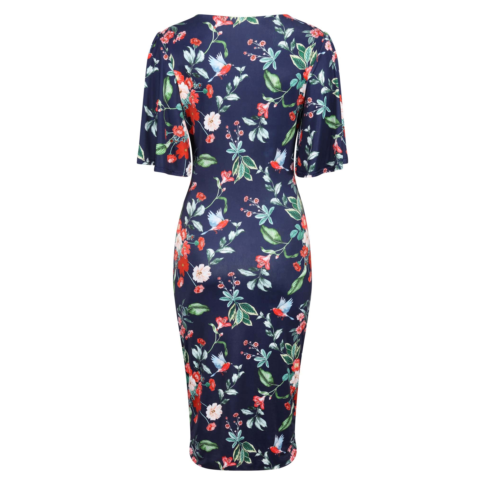 Blue And Red Floral Bird Print Butterfly Sleeve Slinky Pencil Cocktail Dress