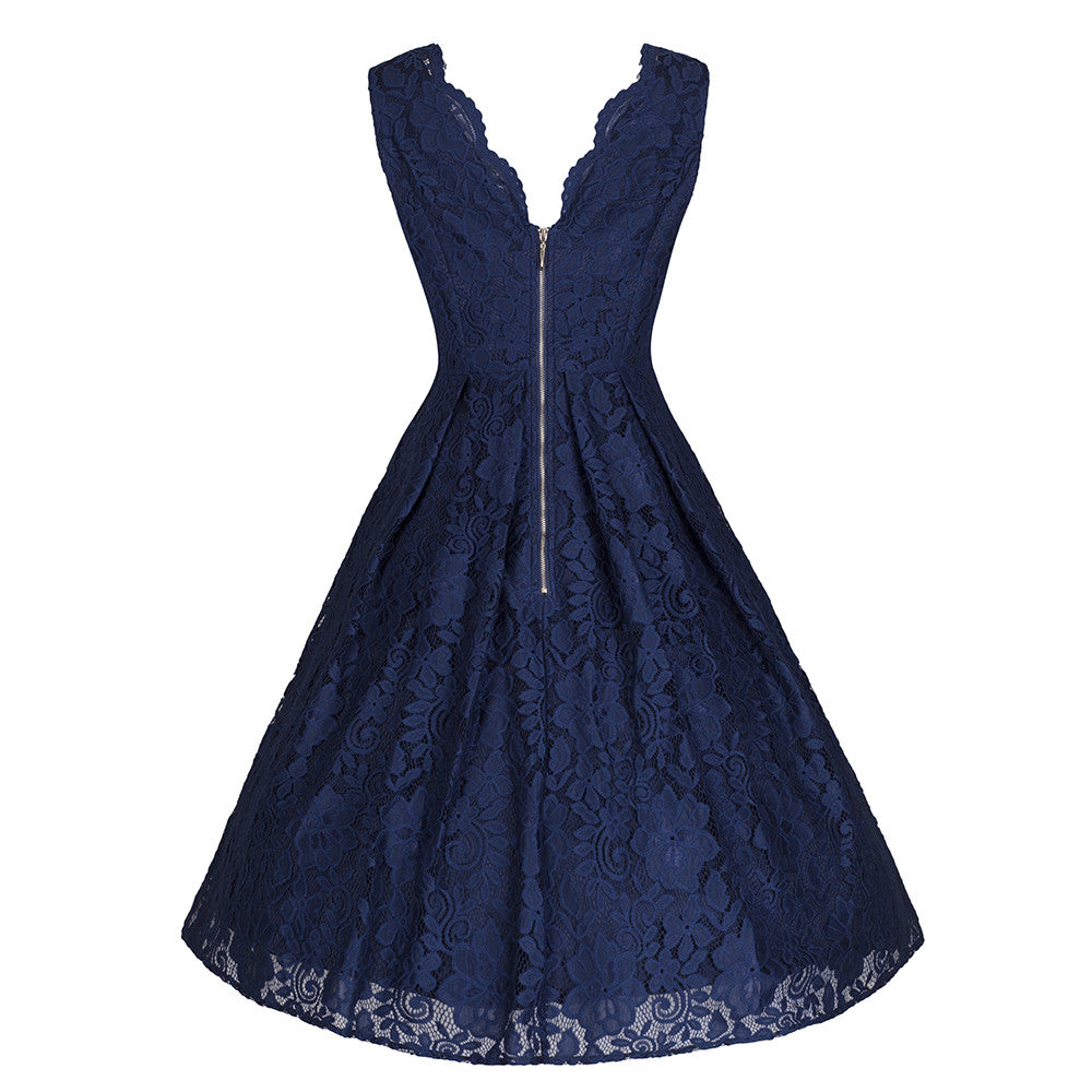 Jolie Moi Vintage Navy Blue Embroidered Lace Swing Dress - Pretty Kitty Fashion