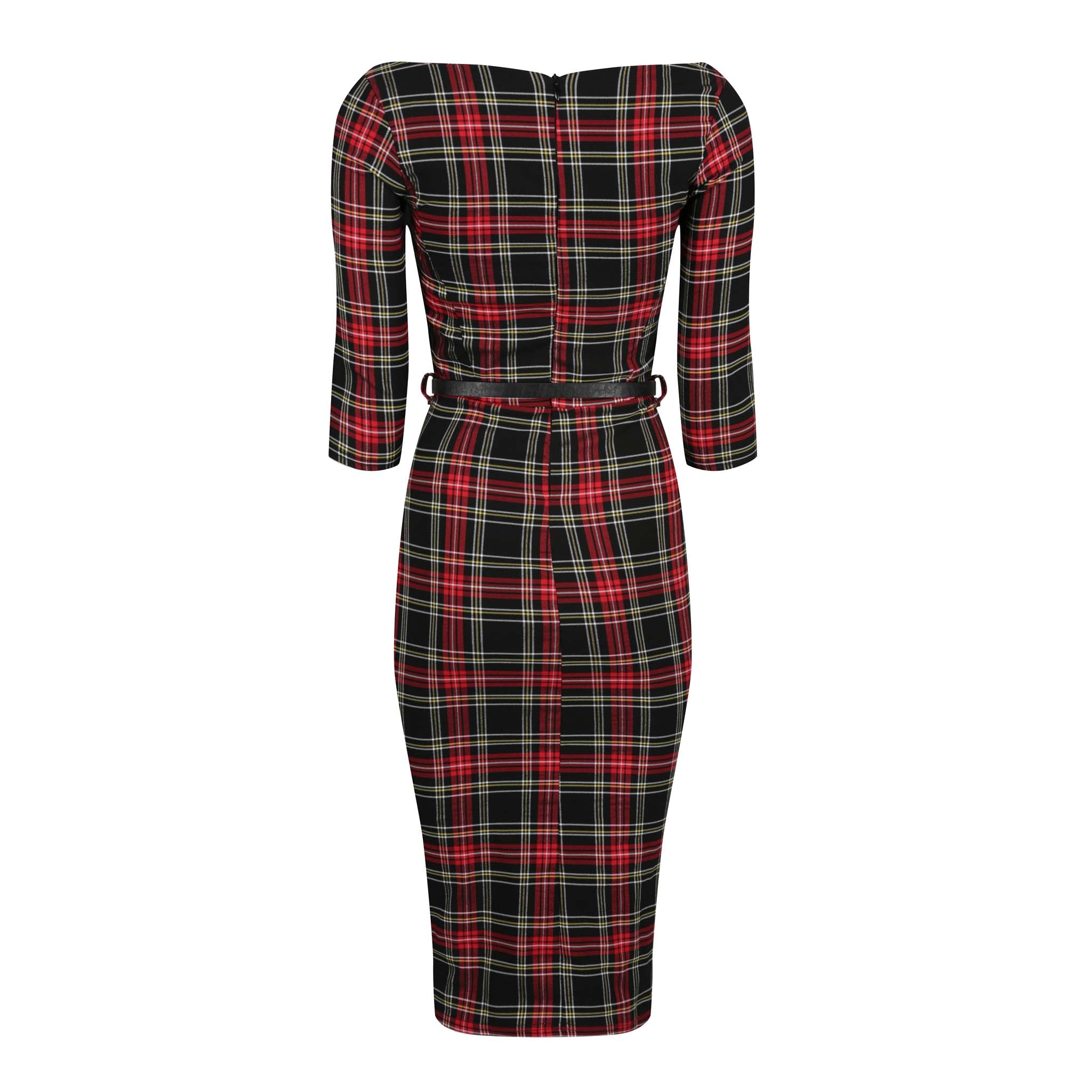 Red And Black Tartan 1/2 Sleeve Belted Bodycon Pencil Dress