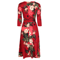 Wine Red Floral 3/4 Sleeve V Neck Crossover Top Empire Waist Swing Dress - Pretty Kitty Fashion