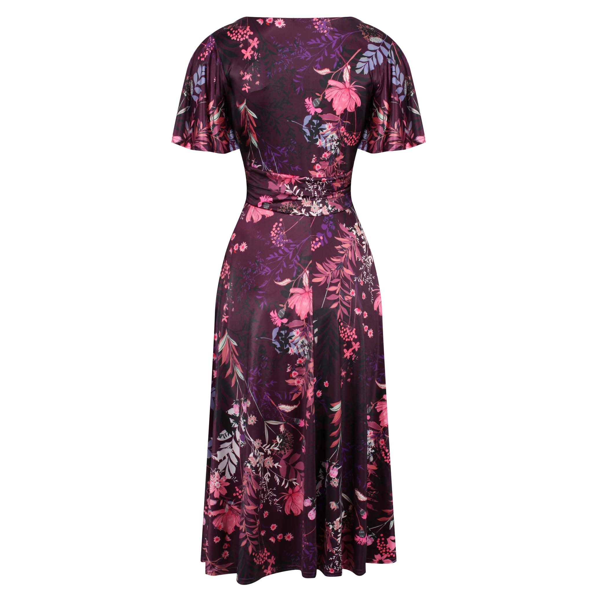 Plum Floral Print Cap Sleeve Crossover Top Vintage Swing Dress
