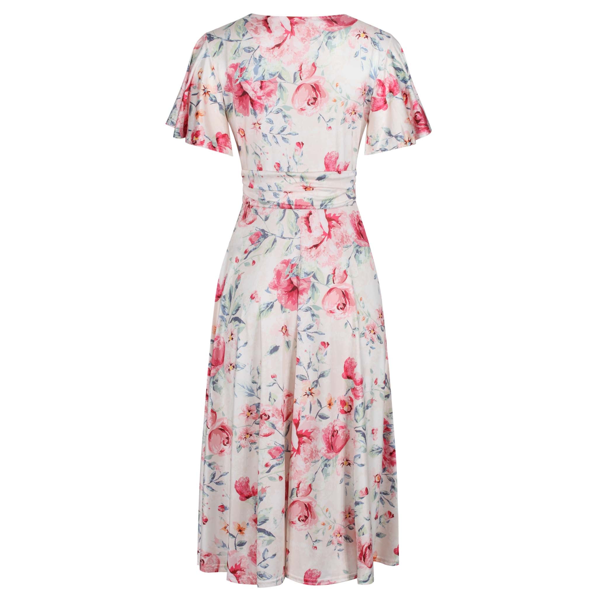 Cream Pink Floral Print Cap Sleeve V Neck Wrap Top Swing Dress – Pretty ...