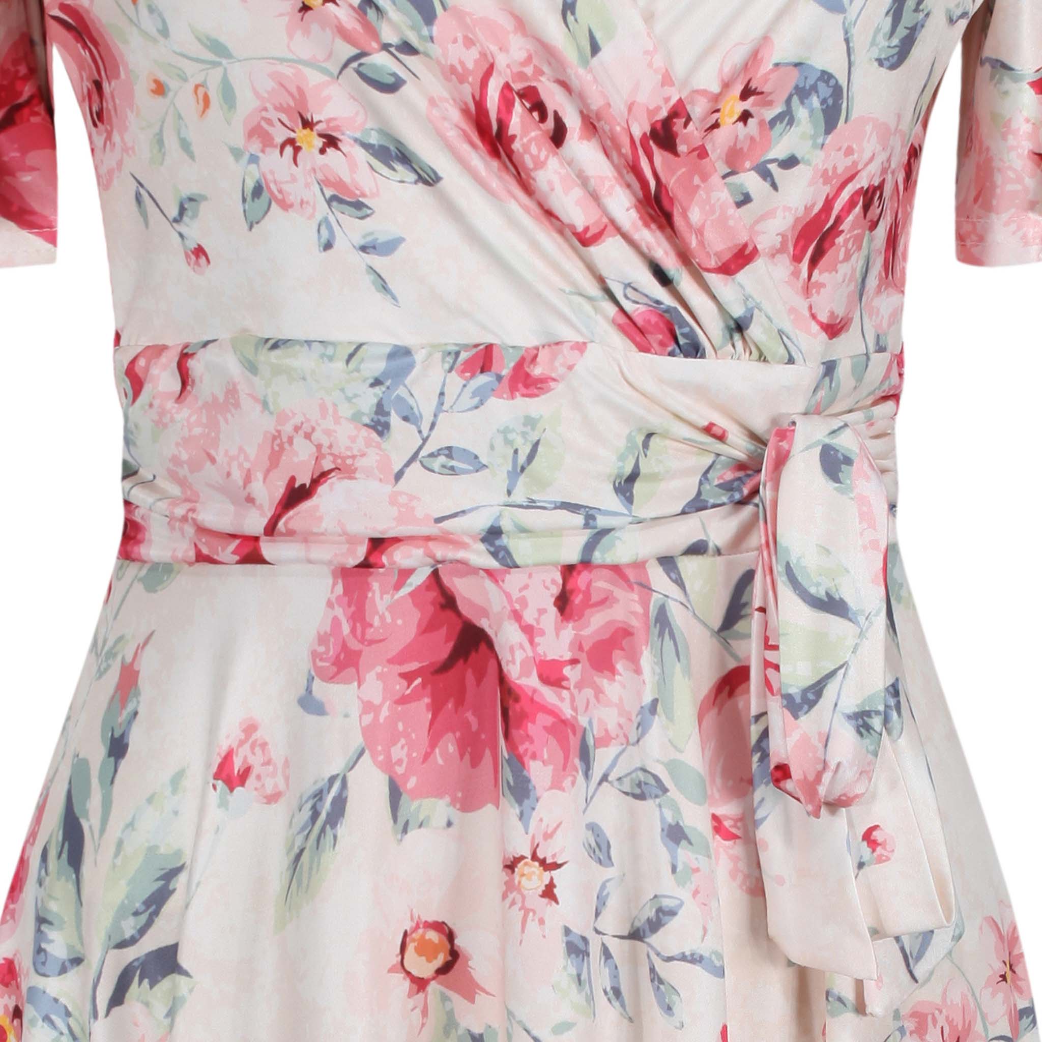Cream Pink Floral Print Cap Sleeve V Neck Wrap Top Swing Dress