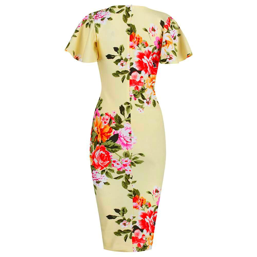 Yellow Floral Half Sleeve Deep V Neck Crossover Top Wiggle Dress - Pretty Kitty Fashion
