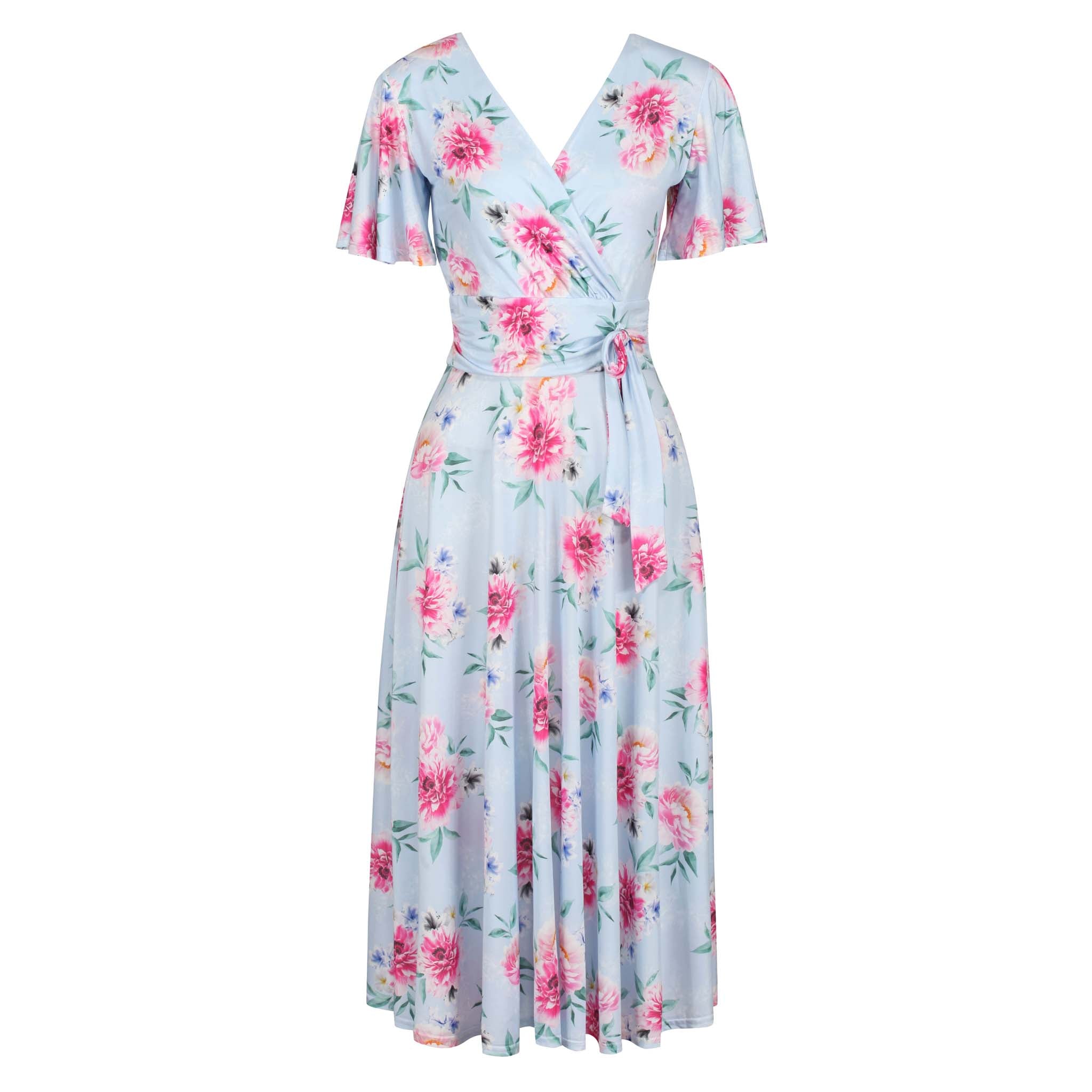Blue Floral Print Cap Sleeve Crossover Wrap Top Swing Dress