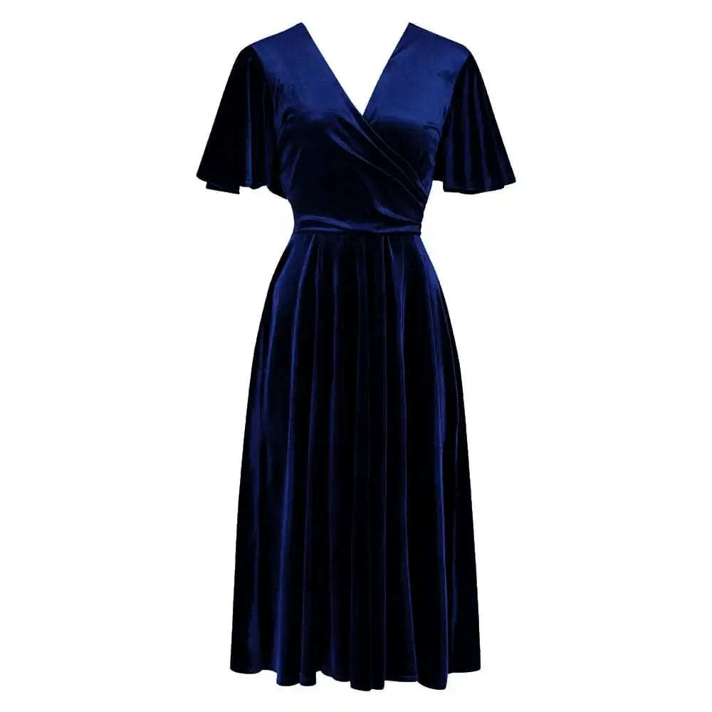 Navy Blue Velour Waterfall Sleeve Crossover Wrap Effect Swing Dress ...