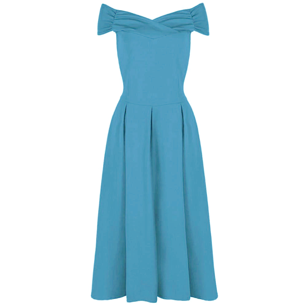 Mid Blue Crossover Vintage Bardot 50s Swing Dress