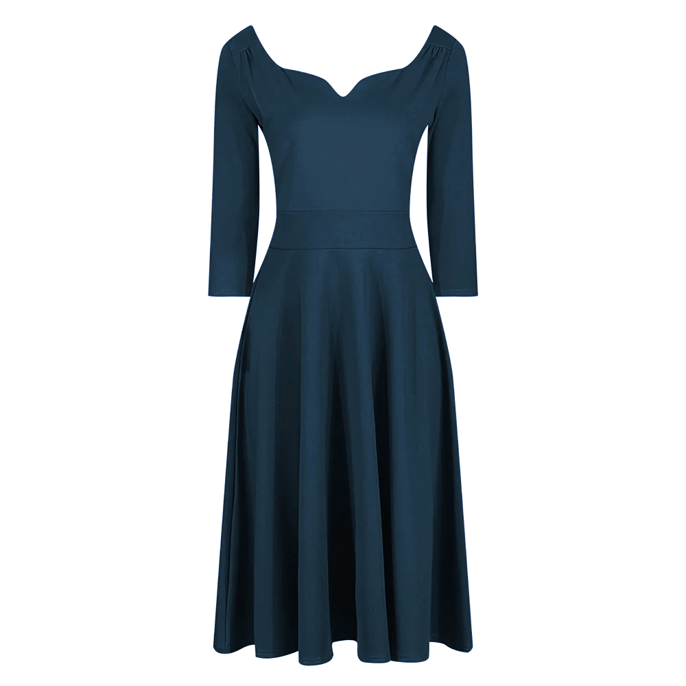 Teal Diamond Neckline 3/4 Sleeve Vintage Swing Midi Dress