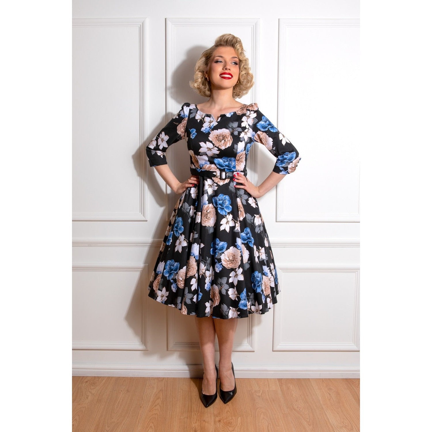 Black And Multi Floral Print 3/4 Sleeve 50s Swing Dress
