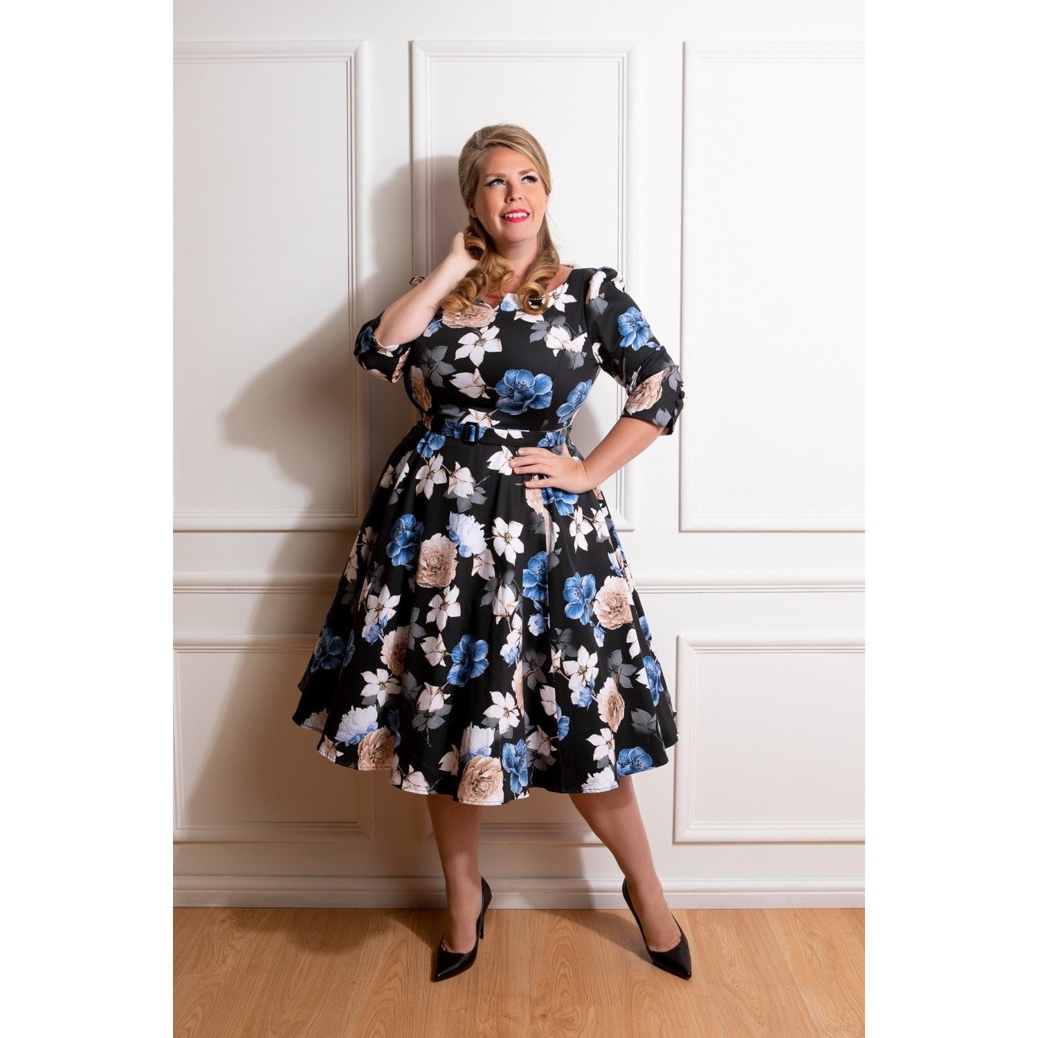 Black And Multi Floral Print 3/4 Sleeve 50s Swing Dress
