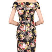 Black Floral Print Bardot Off The Shoulder Neckline Wiggle Pencil Dress - Pretty Kitty Fashion