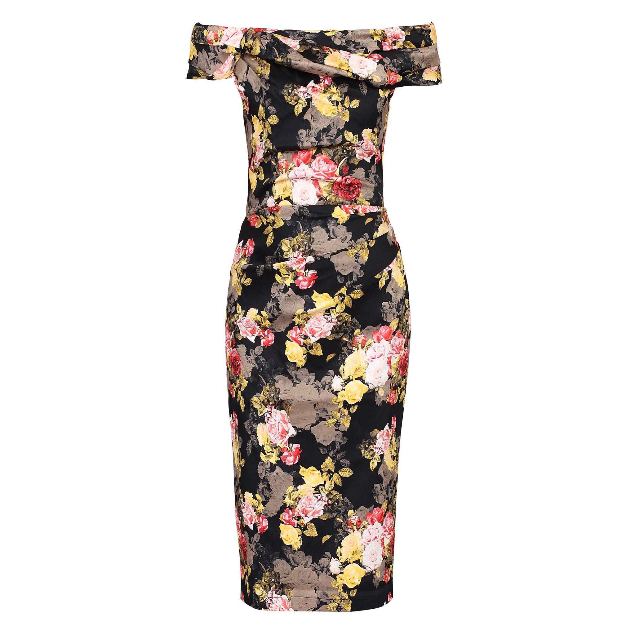 Black Floral Print Bardot Off The Shoulder Neckline Wiggle Pencil Dress - Pretty Kitty Fashion