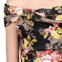 Black Floral Print Bardot Off The Shoulder Neckline Wiggle Pencil Dress - Pretty Kitty Fashion
