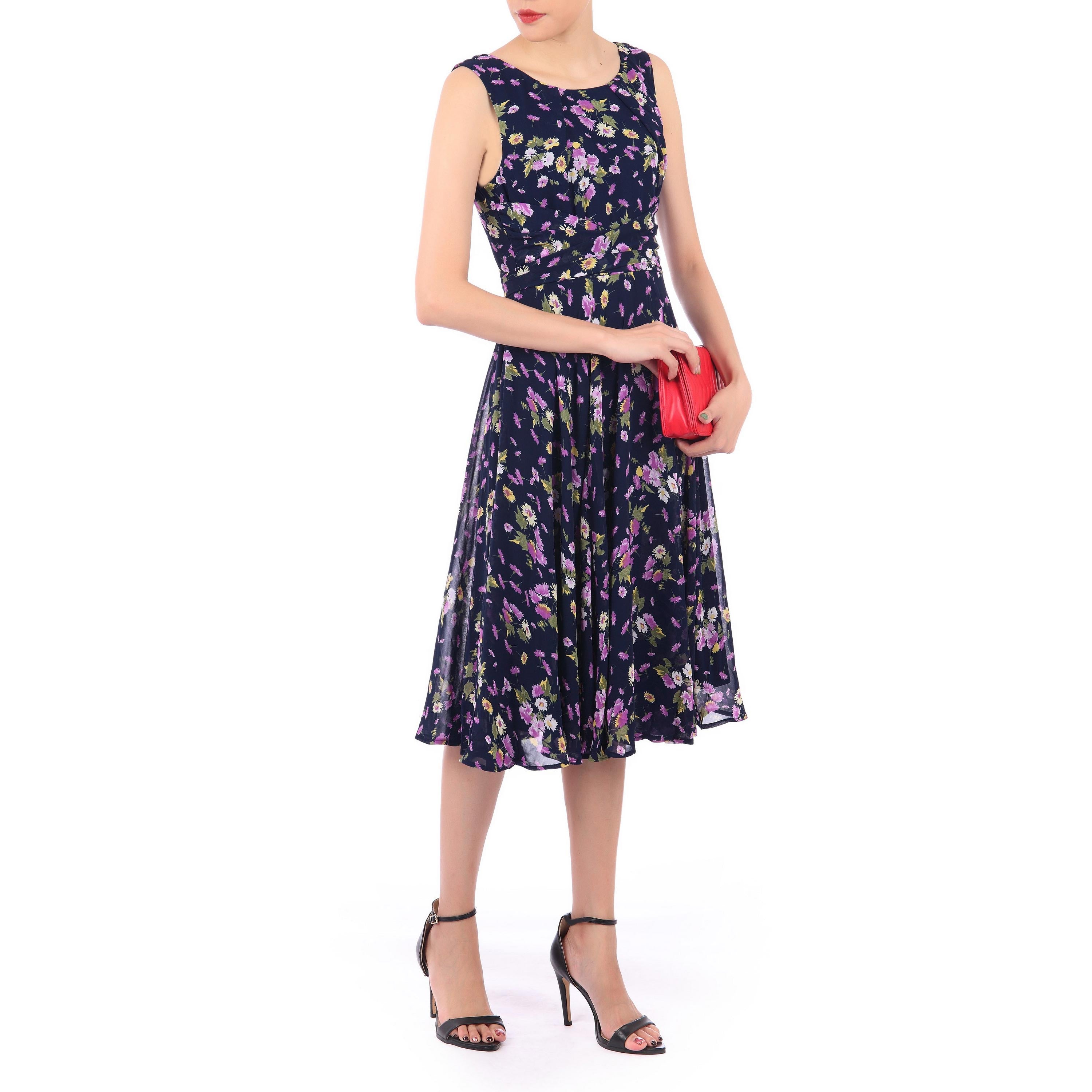 Jolie Moi Navy Blue Floral Sleeveless Chiffon 50s Swing Audrey Dress - Pretty Kitty Fashion