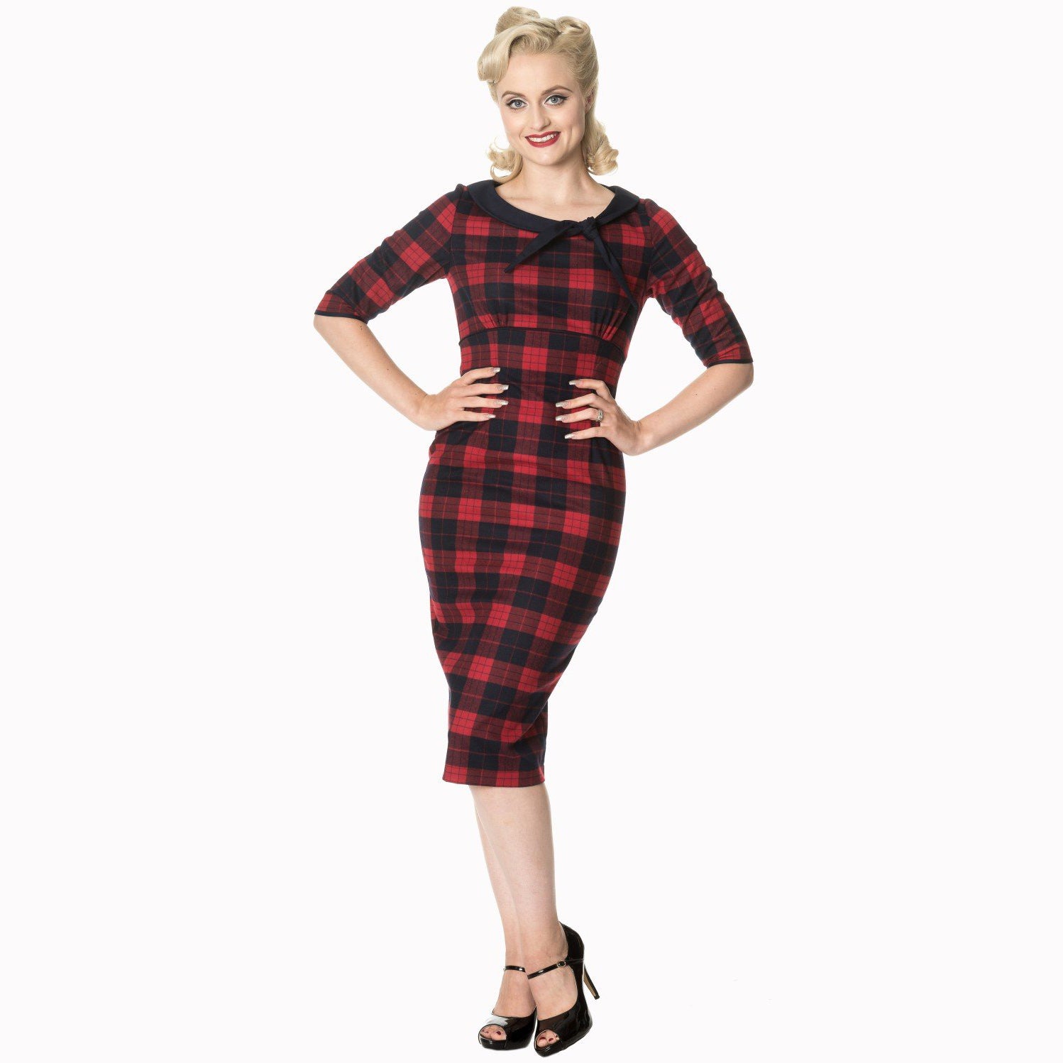 Red and Black Check 3/4 Sleeve Bow Neck 40s Wiggle Dress - Pretty Kitty Fashion