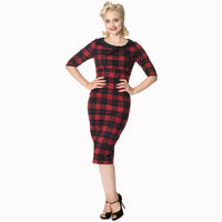 Red and Black Check 3/4 Sleeve Bow Neck 40s Wiggle Dress - Pretty Kitty Fashion