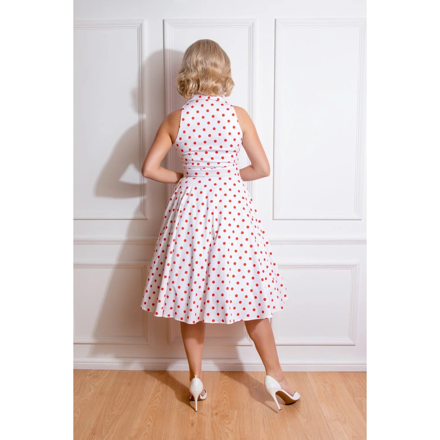 White And Red Polka Dot Print Rockabilly 50s Swing Dress