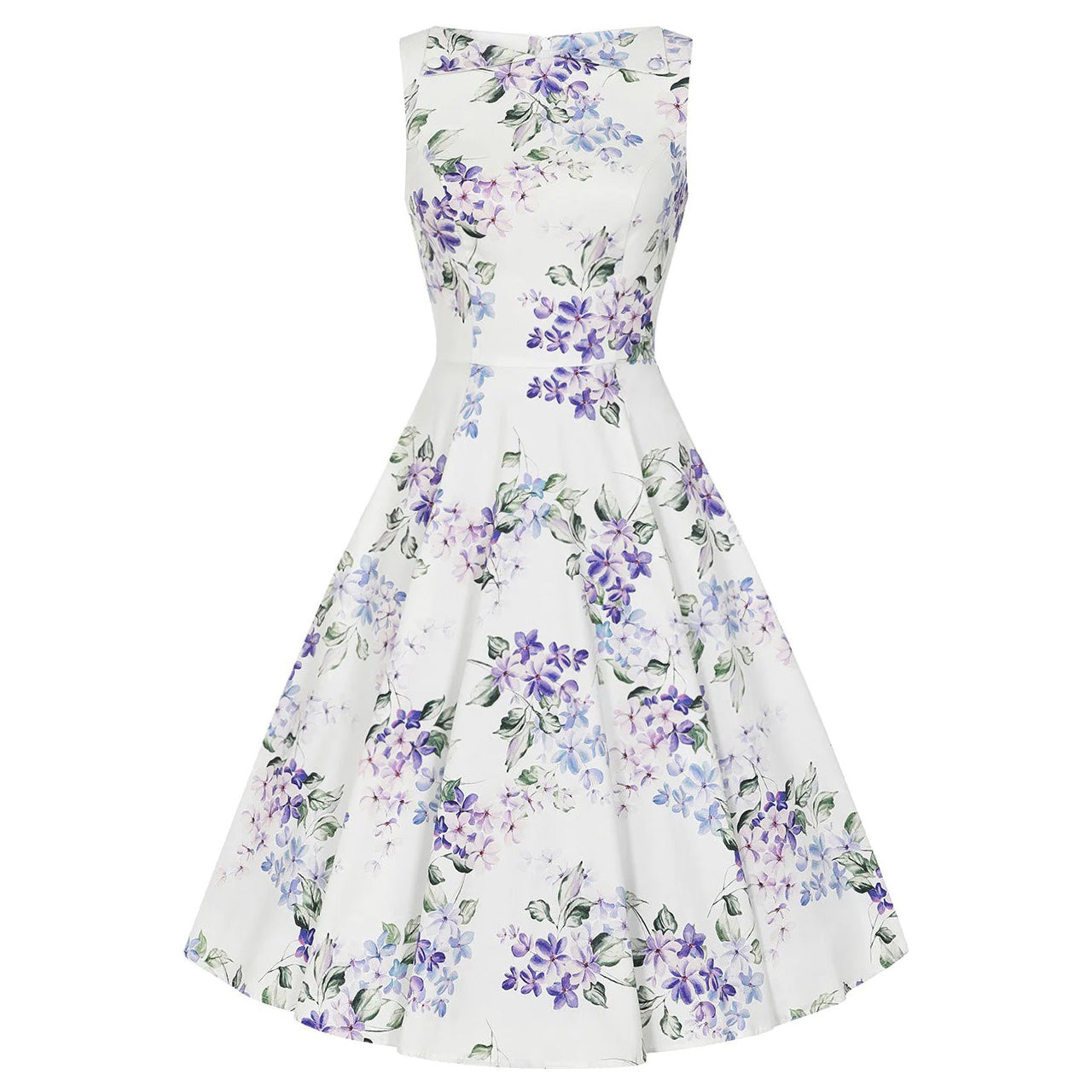 White Purple Floral Print Audrey Rockabilly 50s Swing Dress