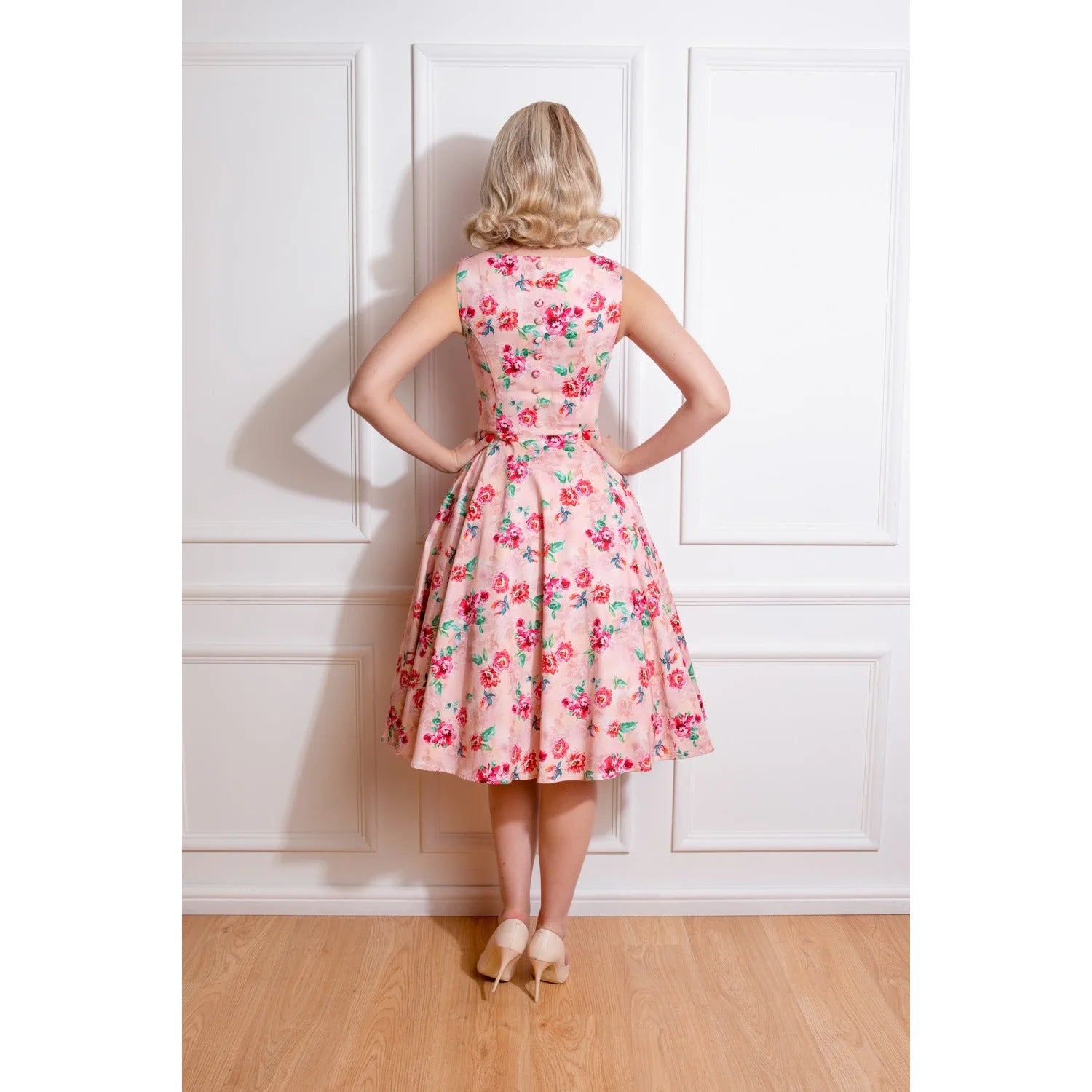 Pink Floral Print Audrey Rockabilly 50s Swing Dress