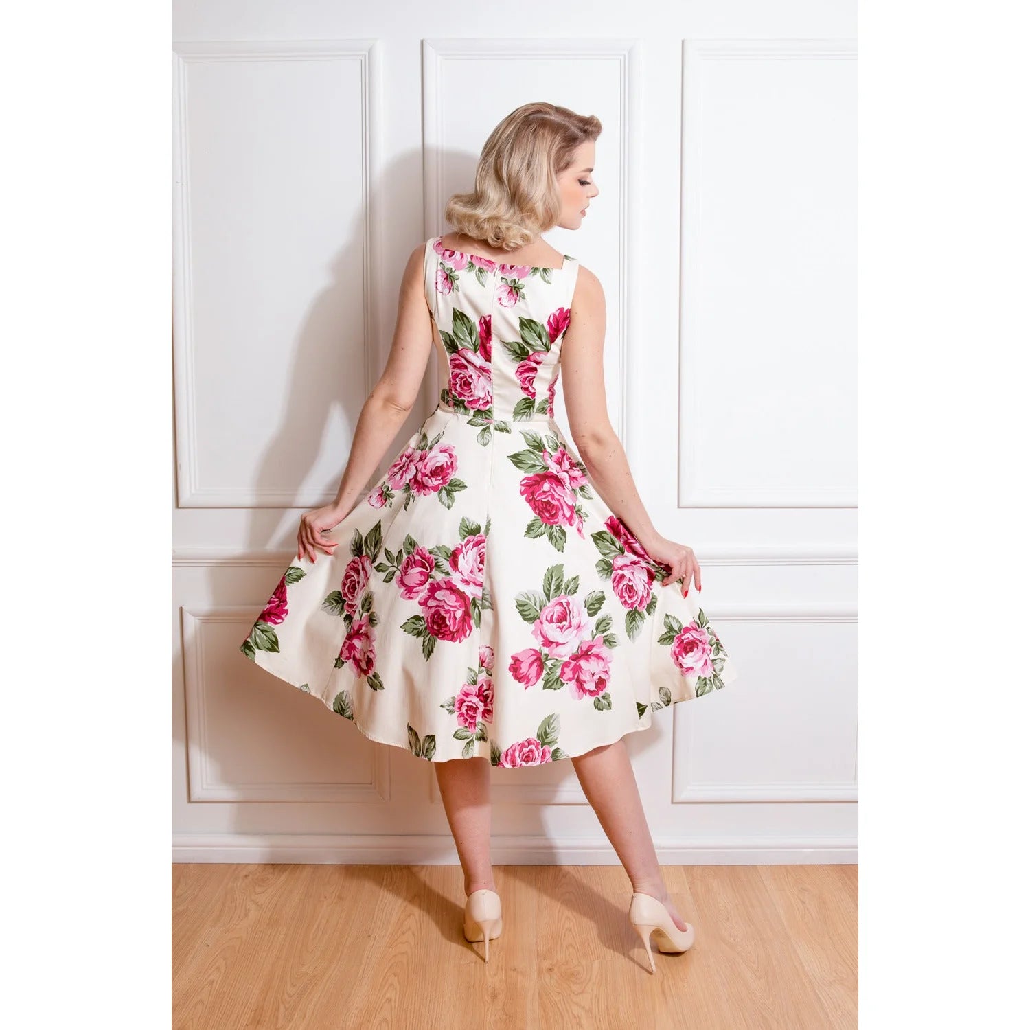 Cream Rose Floral Print Sleeveless Rockabilly 50s Swing Dress