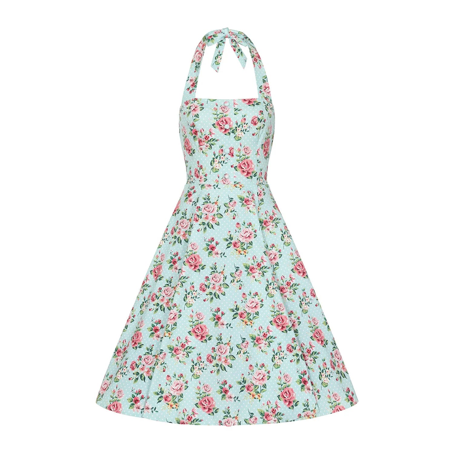 Blue Floral Print Polka Dot Halter Neck 50s Swing Dress Pretty Kitty Fashion Blue Floral Print Polka Dot Halter Neck 50s Swing Dress Pretty Kitty Fashion