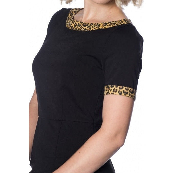 Black and Leopard Print Trim Wiggle Dress