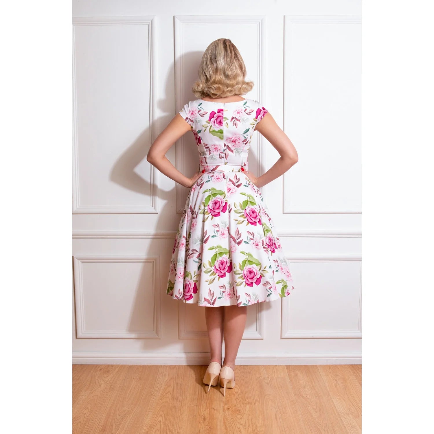 White & Pink Floral Cap Sleeve 50s Swing Dress