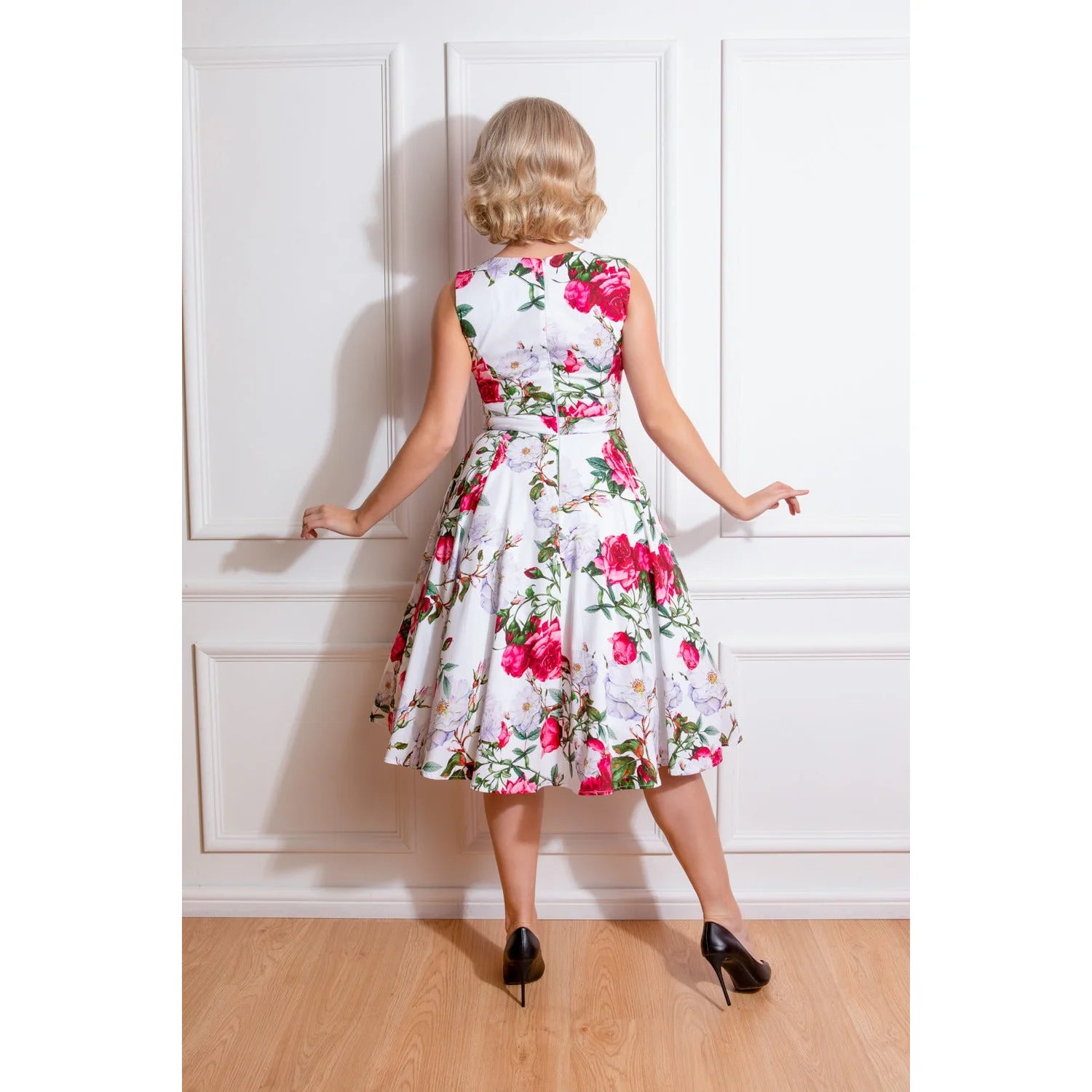 White Vibrant Floral Print V Neck Rockabilly 50s Swing Dress