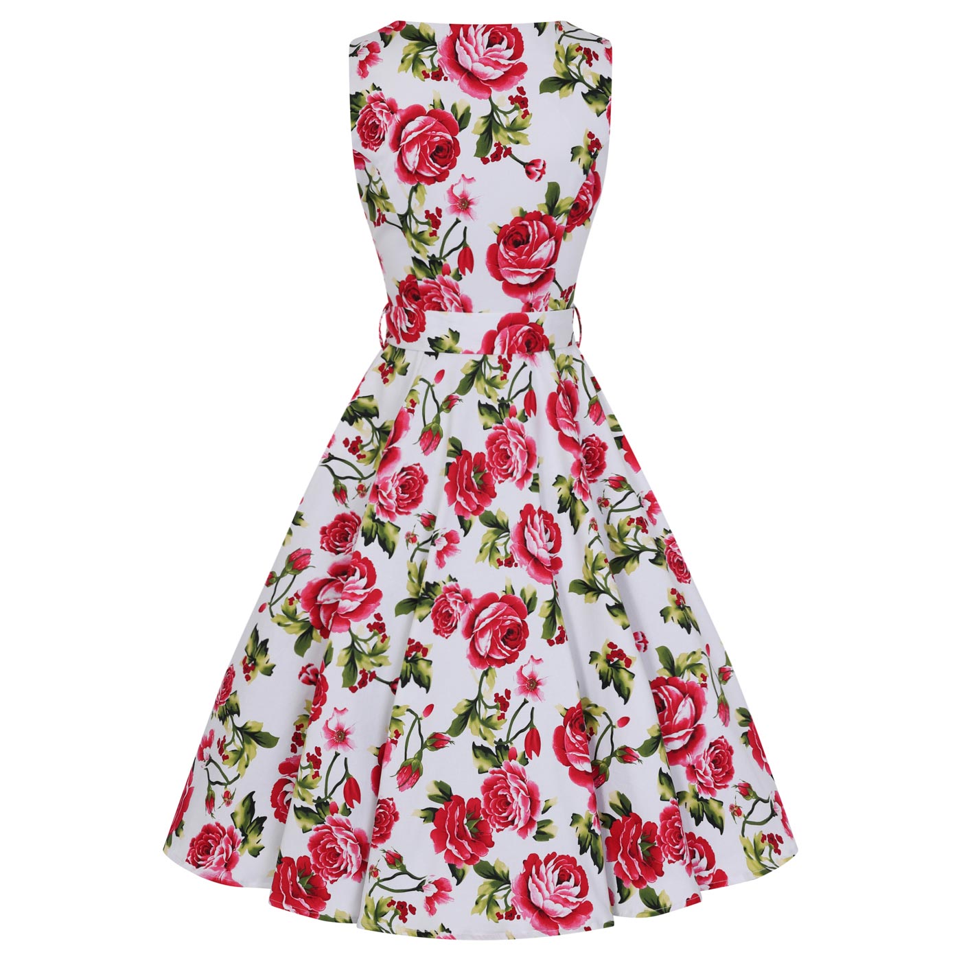 White and Pink Rose Floral Print Audrey 50s Summer Swing Dress – Pretty ...