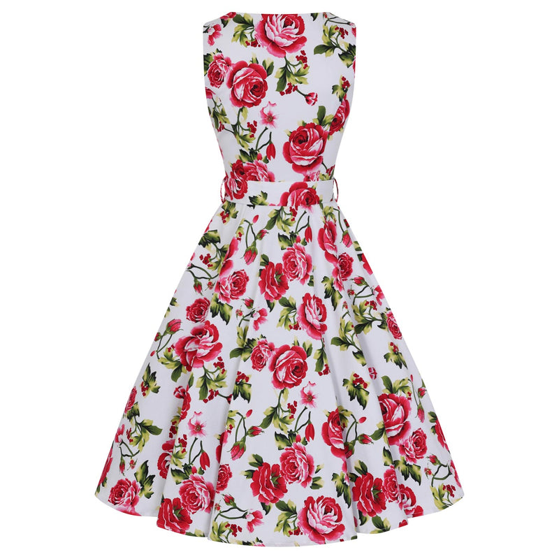 White and Pink Rose Floral Print Audrey 50s Summer Swing Dress - Pretty ...