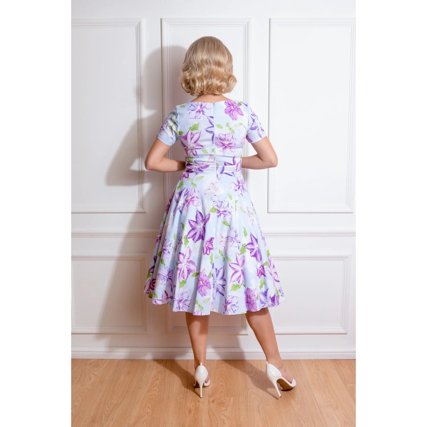 Sky Blue And Purple Floral Short Sleeve 50s Swing Dress