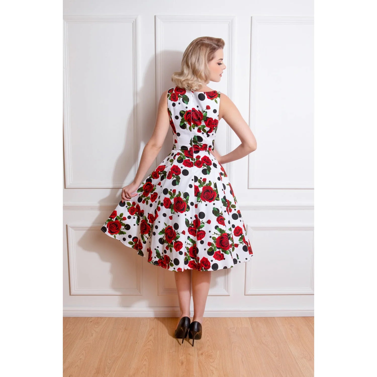 White Polka Dot Red Rose Print Rockabilly 50s Swing Dress w