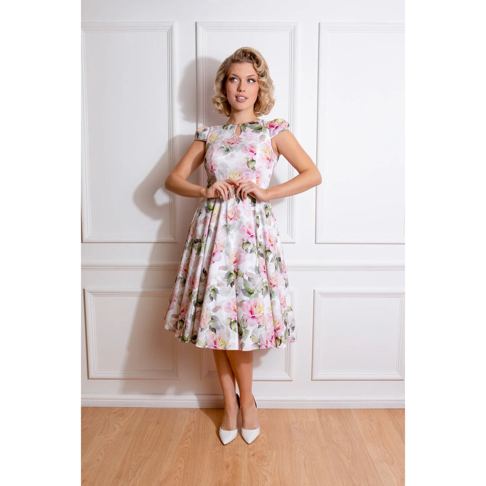 White Floral Print Gathered Cap Sleeve 50s Swing Dress