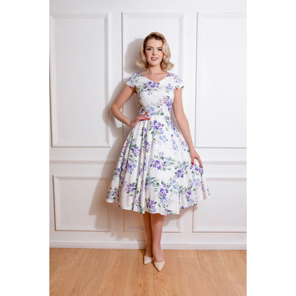 White Purple Floral Print Cap Sleeve Rockabilly 50s Swing Dress