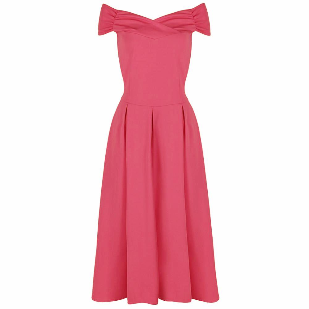 Rose Pink Crossover Vintage Bardot 50s Swing Dress - Pretty Kitty Fashion